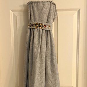 Strapless Grey Wool Dress with Jeweled Belt